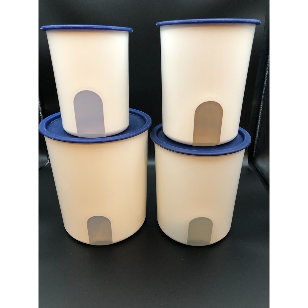 Vintage Tupperware One Touch Reminder Canisters  Set of 4 White with Blue Lids